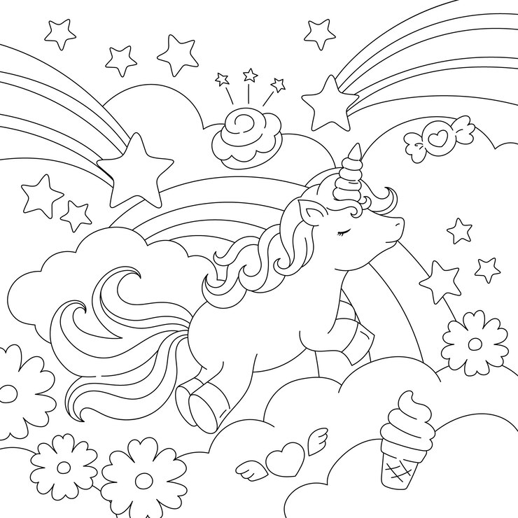 Free Vector hand drawn unicorn coloring book illustration