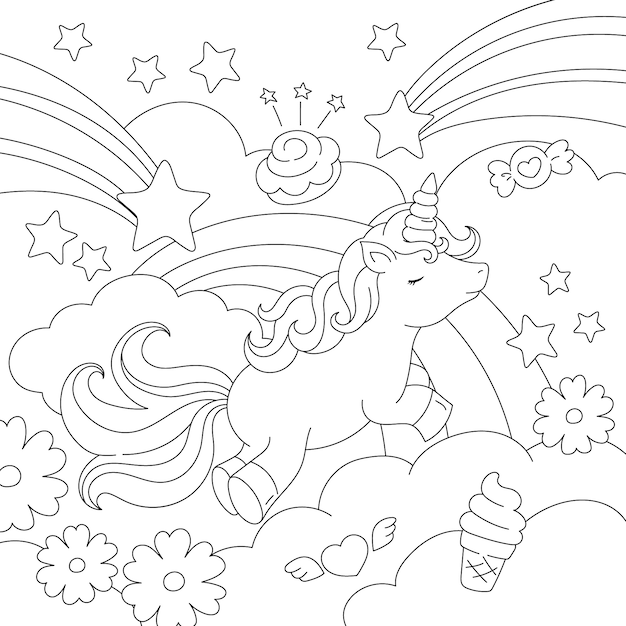 hand drawn unicorn coloring book illustration
