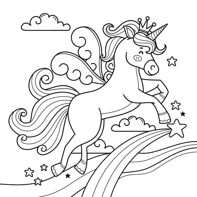 hand drawn unicorn coloring book illustration