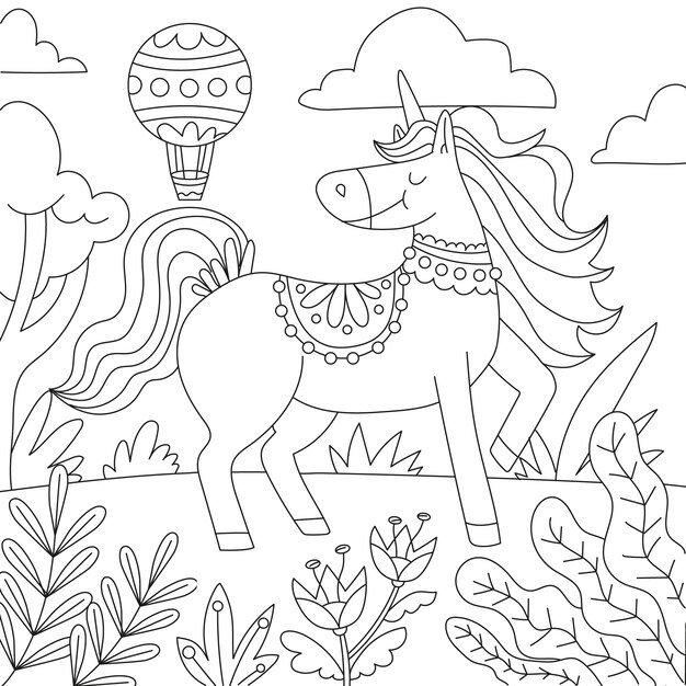 Hand drawn unicorn coloring book illustration