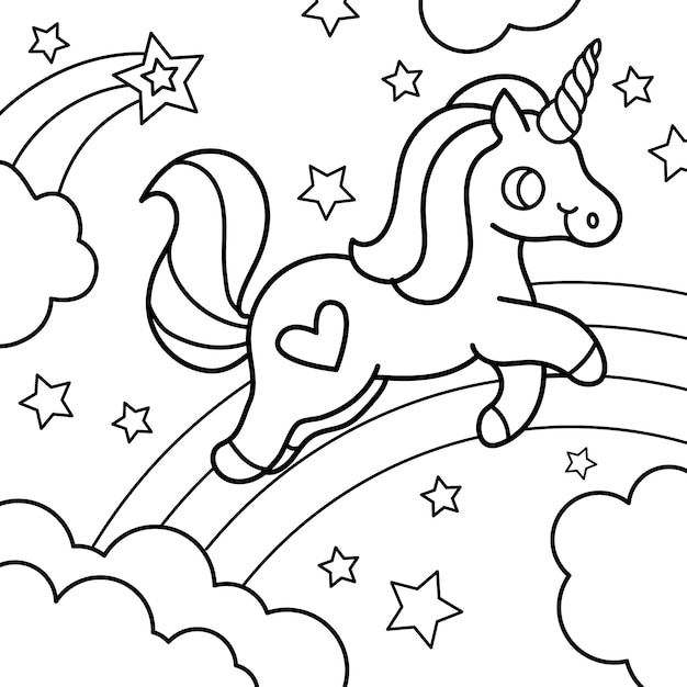 Hand drawn unicorn coloring book illustration