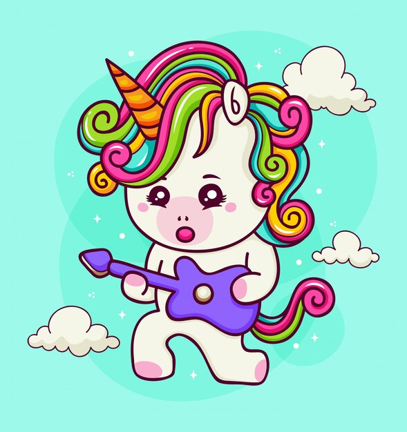 Hand drawn unicorn with electric guitar in the sky