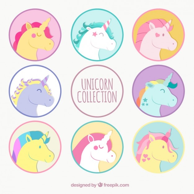 Hand drawn unicorns inside circles