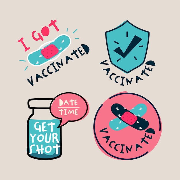 Vettore gratuito etichetta adesiva dei distintivi della campagna di vaccinazione disegnata a mano