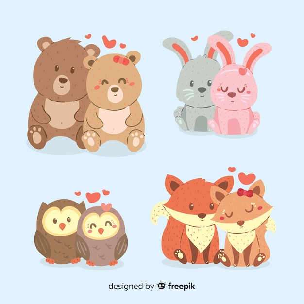 Hand drawn valentine animal couple pack