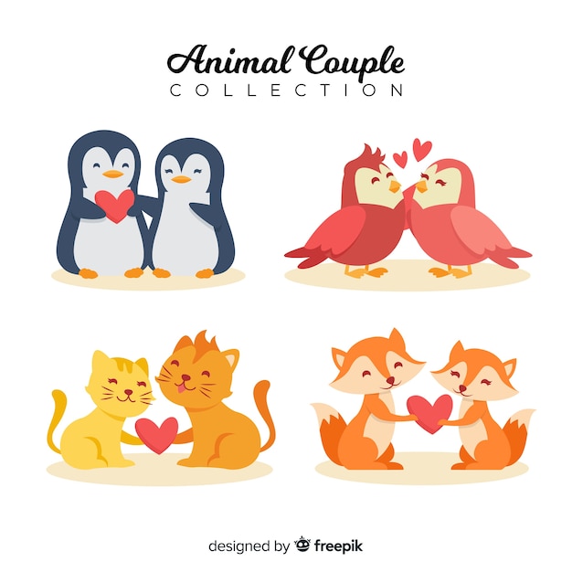 Hand drawn valentine animal couple set