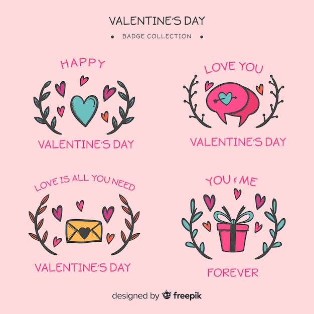 Pacchetto di badge san valentino disegnato a mano