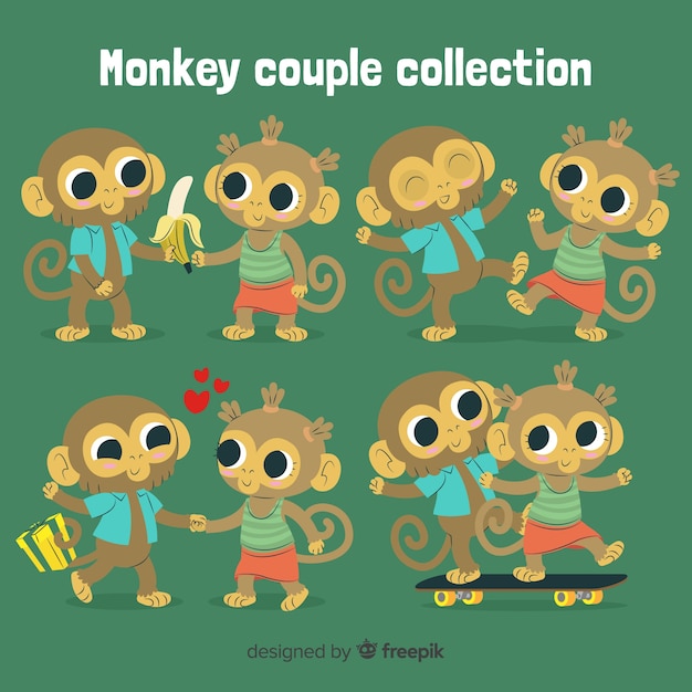 Hand drawn valentine monkey couple pack