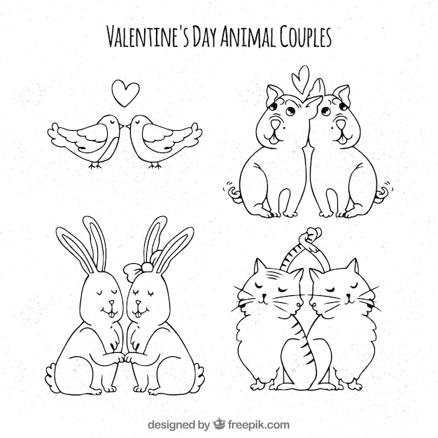 Vettore gratuito accumulazione delle coppie animali di san valentino disegnato a mano