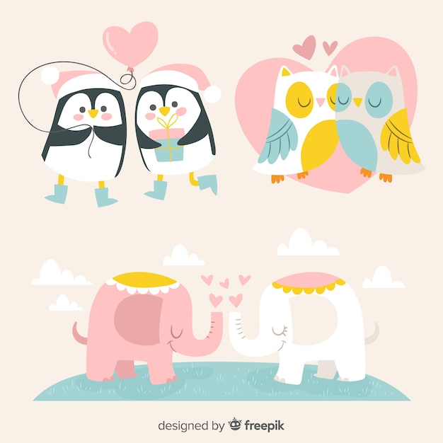 Hand drawn valentine's day animal couple pack