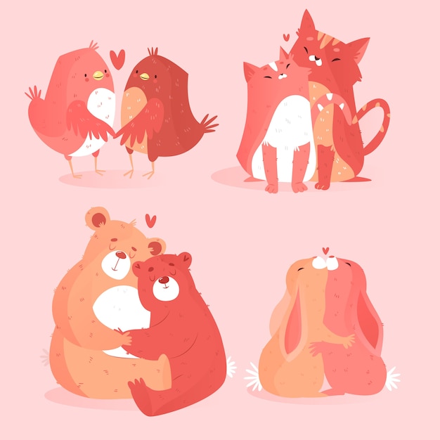 手描きのバレンタイン動物のカップル