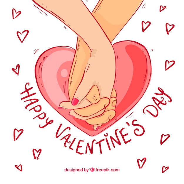 Vettore gratuito fondo disegnato a mano di san valentino con le mani intrecciate