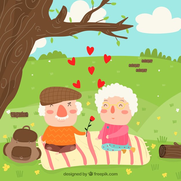 ピクニックで古いカップルと手描きのバレンタインの日の背景