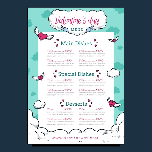 Modello di menu nuvole di san valentino disegnato a mano