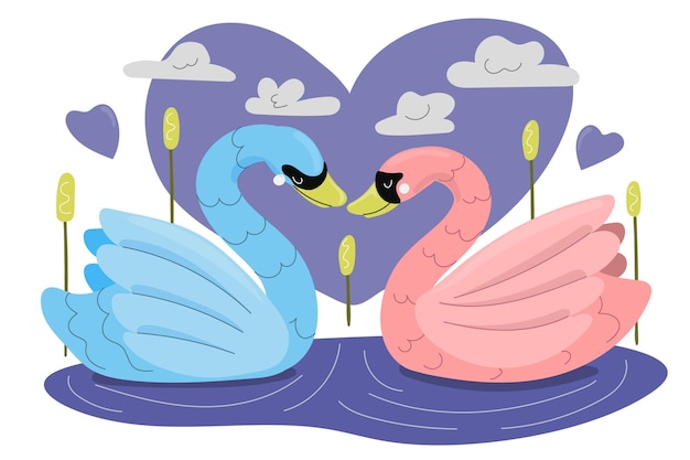 Hand drawn valentine's day colorful swans couple