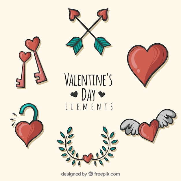 Vettore gratuito raccolta di elementi di san valentino disegnata a mano