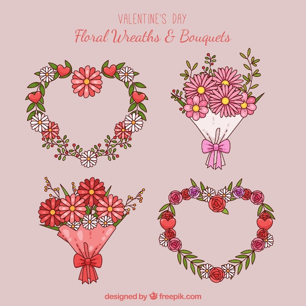 Vettore gratuito ghirlande e mazzi di fiori disegnati a mano di san valentino