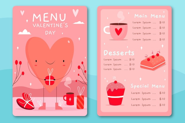 Modello di menu di san valentino disegnato a mano con un grande cuore