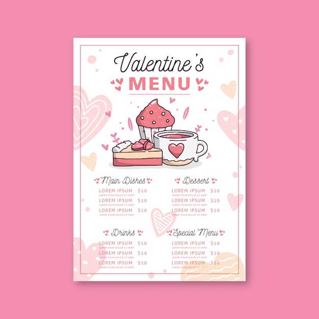 Hand drawn valentine's day menu template