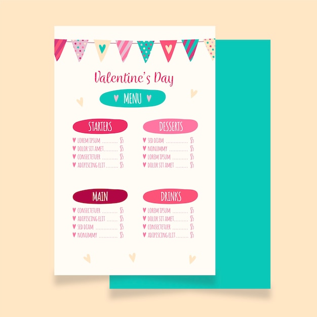 Hand drawn valentine's day menu template