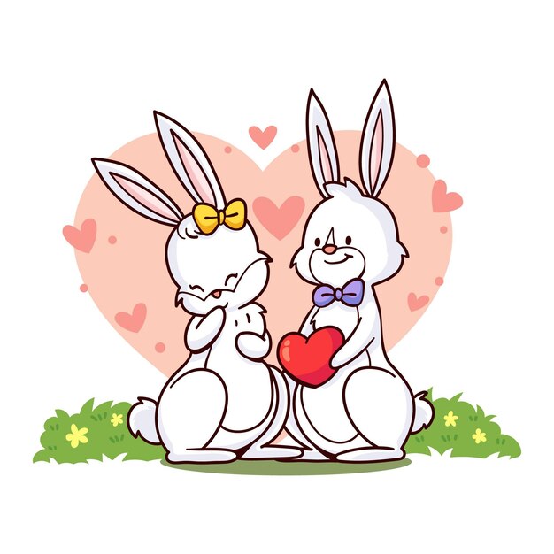 손으로 그린 발렌타인 토끼 커플