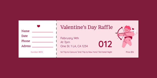 Hand drawn valentine's day raffle ticket