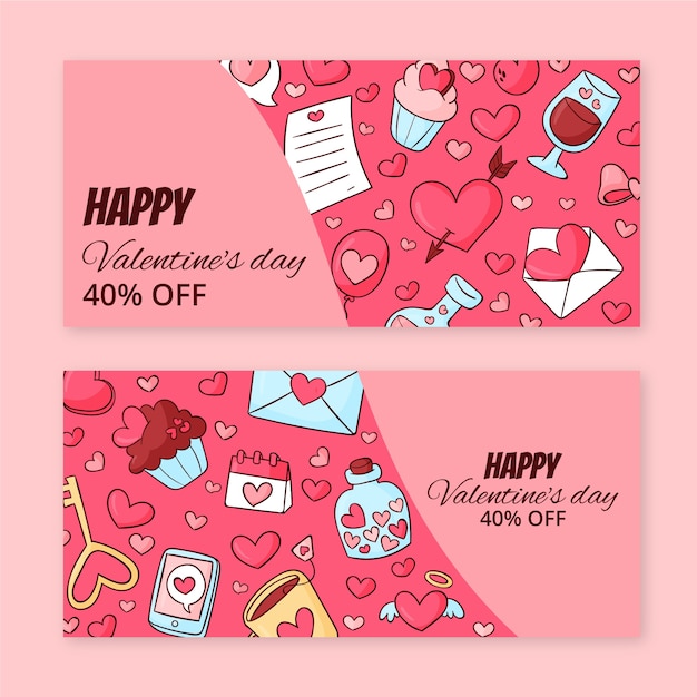 Set di banner orizzontali di vendita di san valentino disegnati a mano