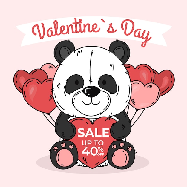 Vettore gratuito panda di vendita di san valentino disegnato a mano