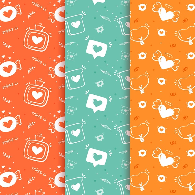 Vettore gratuito collezione di pattern di san valentino disegnati a mano