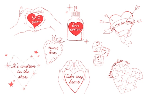 Collezione di badge di san valentino disegnati a mano