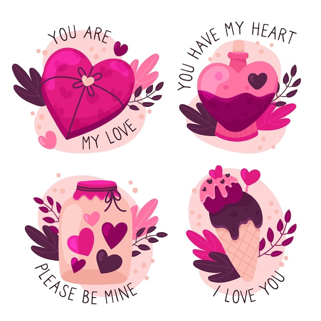 Collezione di badge di san valentino disegnati a mano