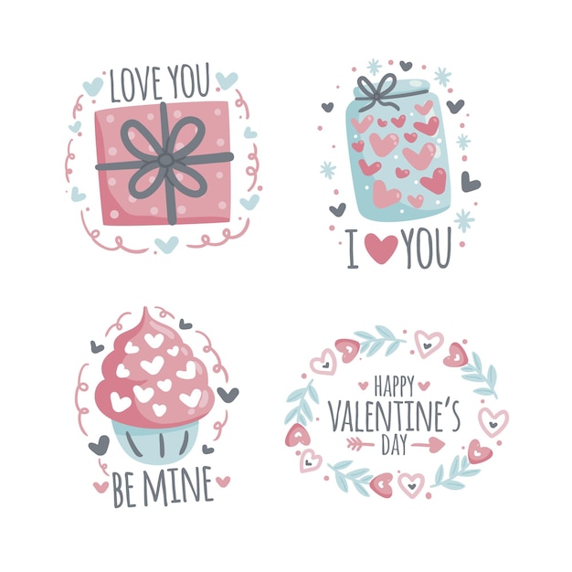 Collezione di badge san valentino disegnati a mano