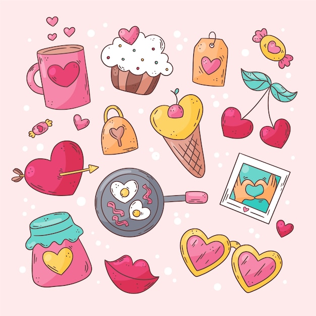 Raccolta di elementi di celebrazione di san valentino disegnati a mano