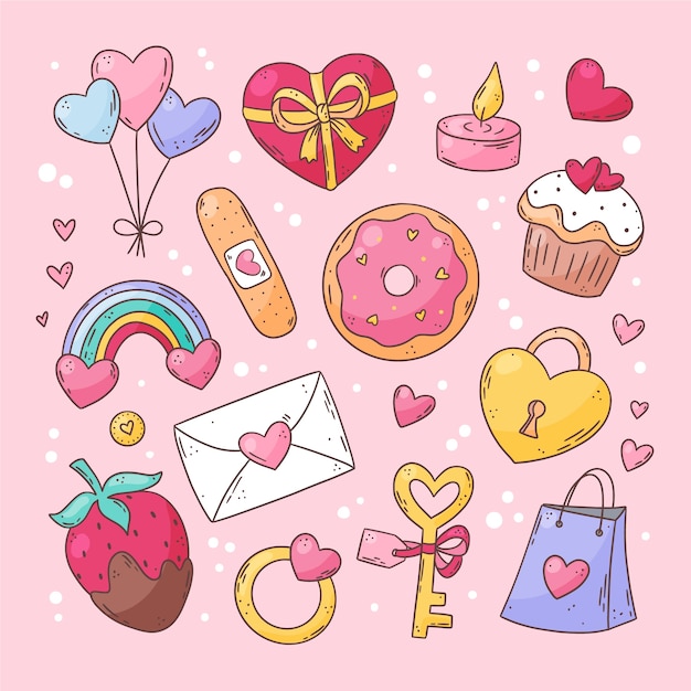 Collezione di elementi di celebrazione di san valentino disegnati a mano