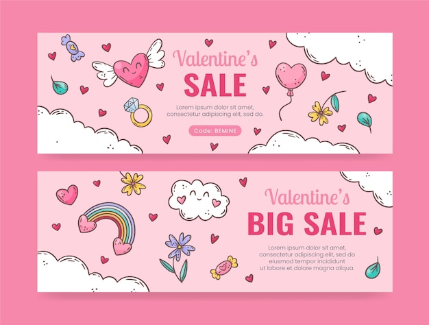 Set di banner orizzontali per la celebrazione del giorno di san valentino disegnati a mano