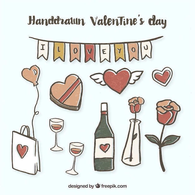 Vettore gratuito mano di san valentino disegnati elementi day collezione