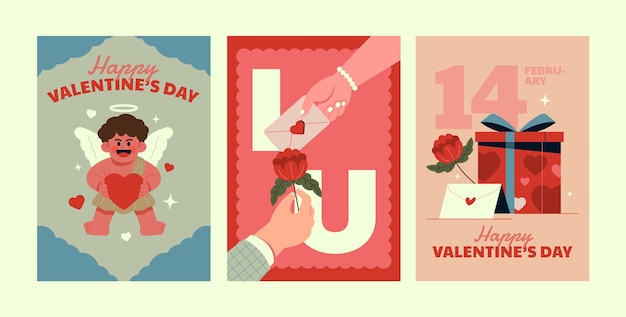 Vettore gratuito collezione di biglietti di auguri di san valentino disegnati a mano