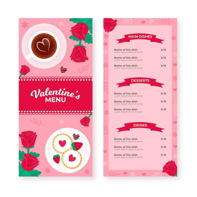 Modello di menu san valentino disegnati a mano