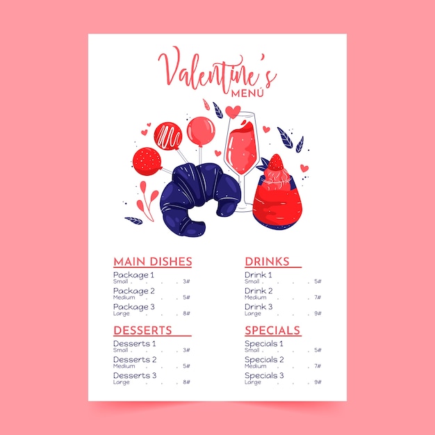 Modello di menu san valentino disegnati a mano