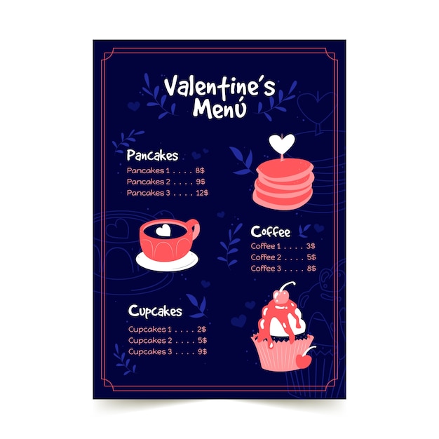 Hand drawn valentines day menu template