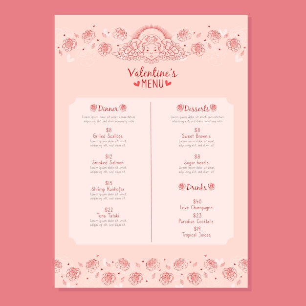 Free vector hand-drawn valentines day menu template