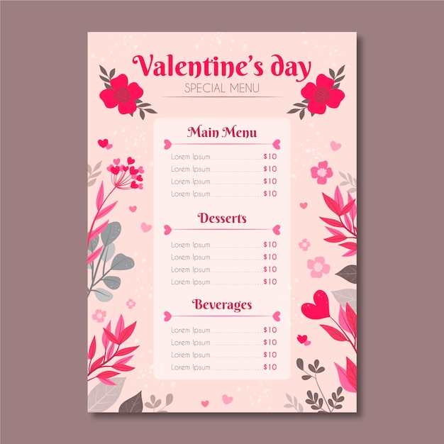 Modello di menu di san valentino disegnato a mano