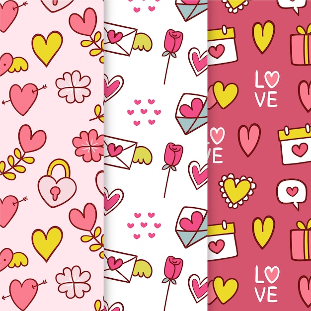 Vettore gratuito collezione di pattern di san valentino disegnati a mano