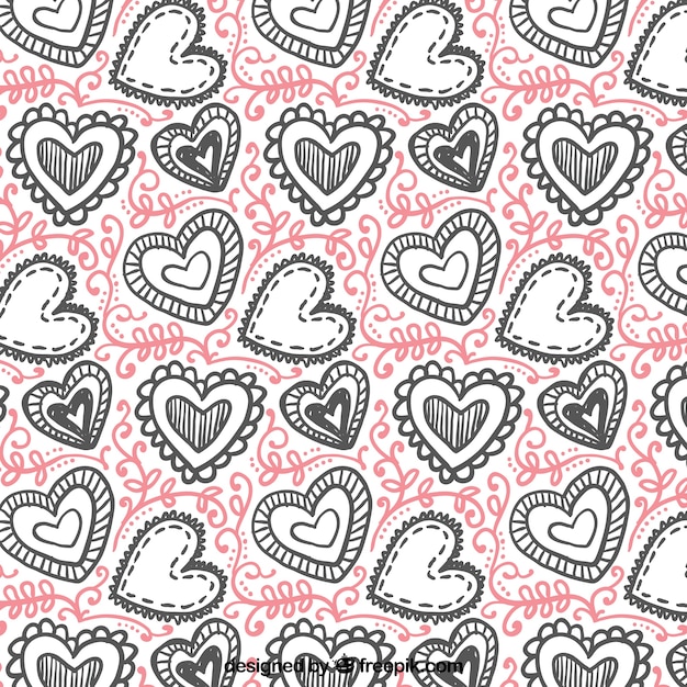Hand-drawn valentines pattern of hearts with different designs