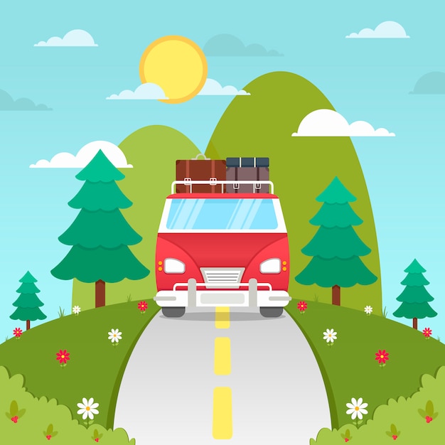 Free vector hand drawn van on the road travel background