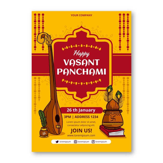 손으로 그린 vasant panchami 축하 수직 포스터 템플릿