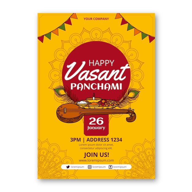 손으로 그린 vasant panchami 축하 수직 포스터 템플릿