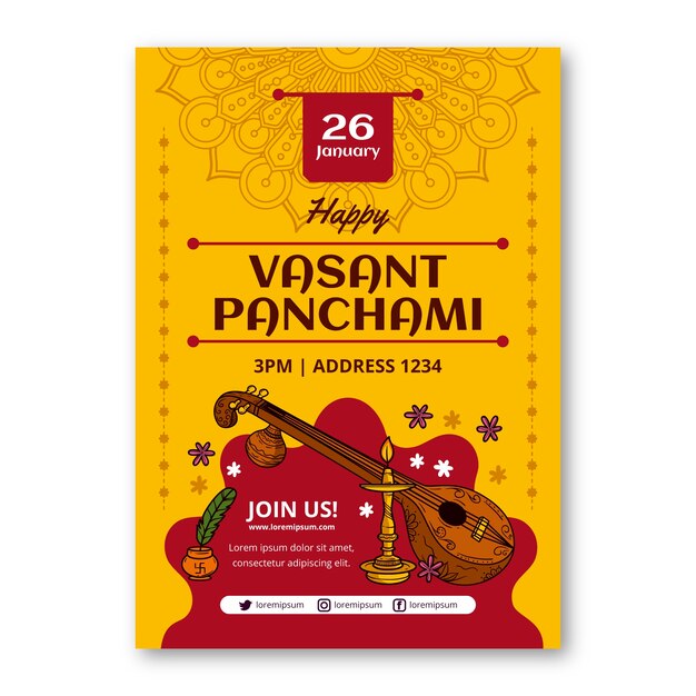 손으로 그린 vasant panchami 축하 수직 포스터 템플릿