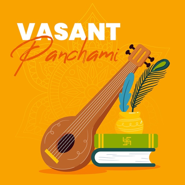 Vettore gratuito illustrazione disegnata a mano vasant panchami con libri e veena