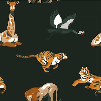 Hand drawn vector abstract cartoon modern graphic african safari nature illustrations art collage seamless pattern with tigers,lion and crane bird isolated on black background